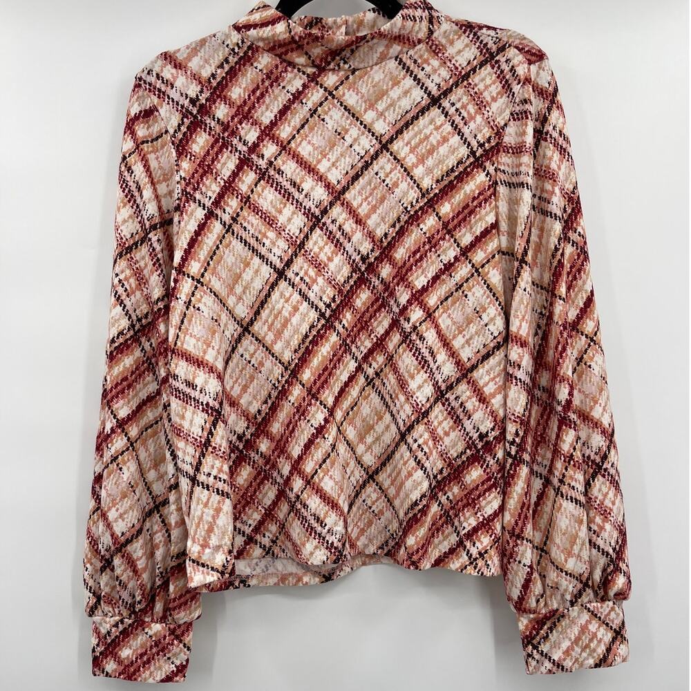 Perseption Concept Plaid Highneck Top Long Sleeve Stretchy Blouse Shirt NEW XL